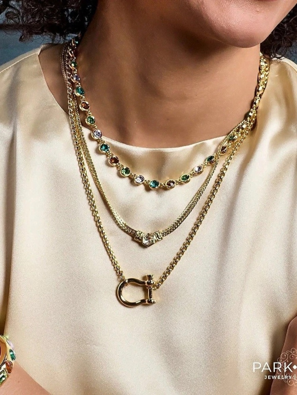 Park Lane Athena Necklace 3 in 1 Multicolor Crystals Layered Gold W/ Horse Bit